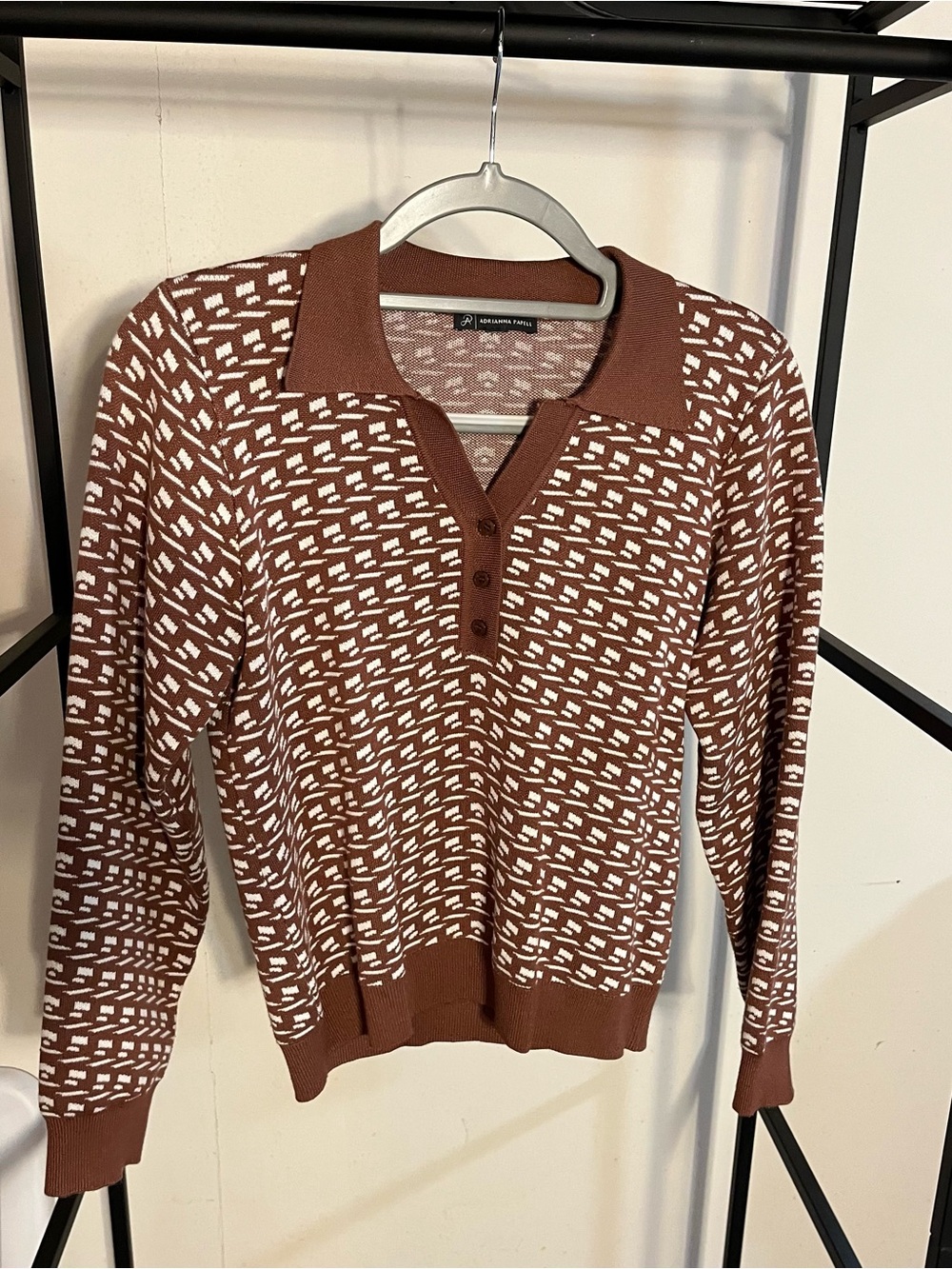 Adrianna Papell Rust and White V-Neck Polo Sweater